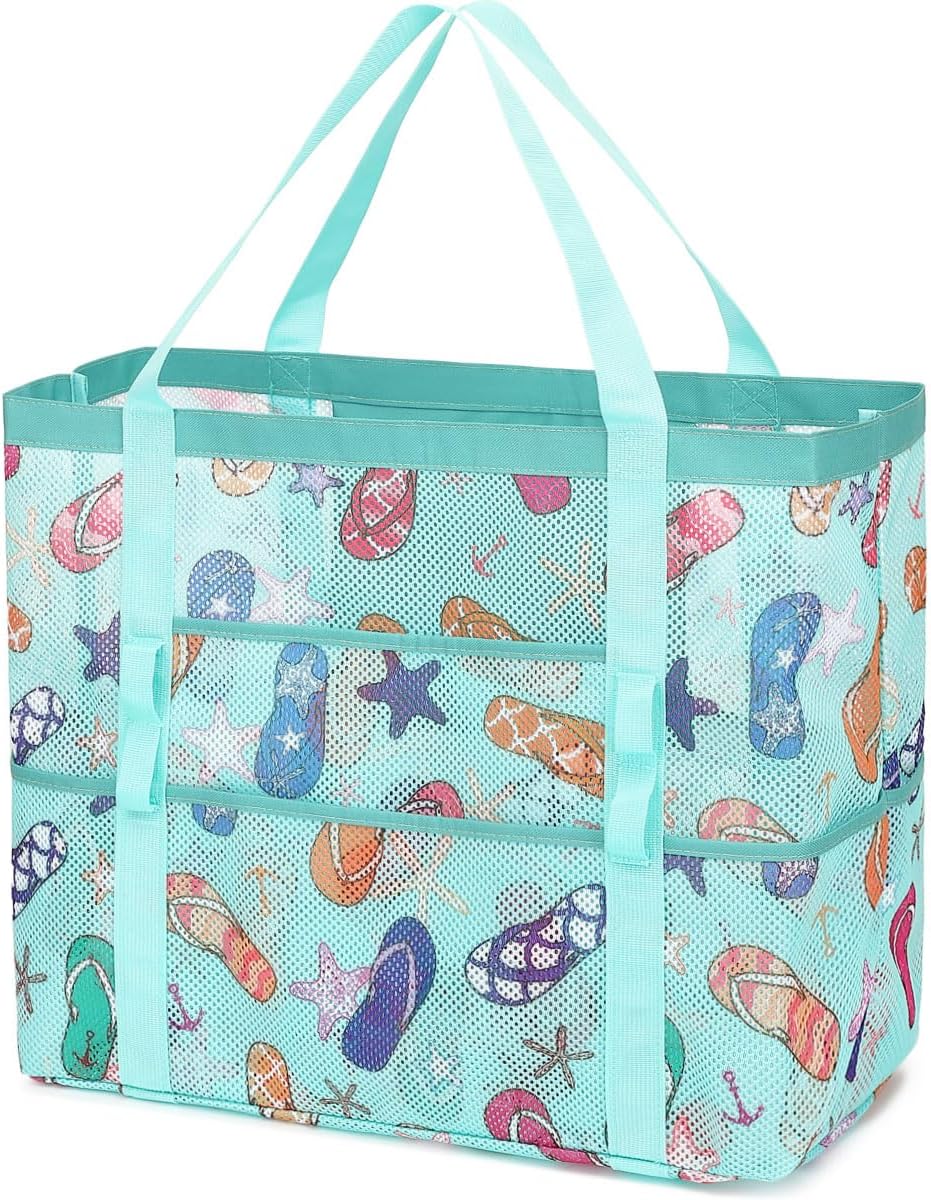 Mesh Beach Bag, Large Beach Tote with Zipper Pocket for Family Pool Bag for Toys & Vacation Essentials