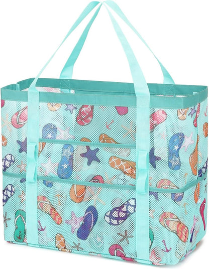 Mesh Beach Bag, Large Beach Tote with Zipper Pocket for Family Pool Bag for Toys & Vacation Essentials