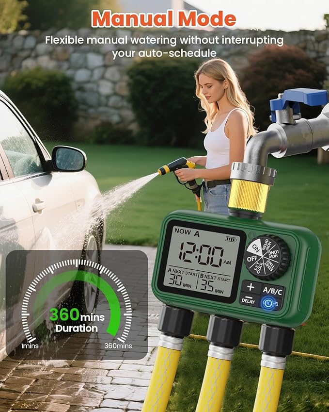 3 Outlet Sprinkler Timer Brass, XinFuture Programmable Water Sprinkler Controller for Yard, Lawn & Greenhouse, Automatic/Manual/Rain Delay Mode, Compatible with Drip Irrigation Systems