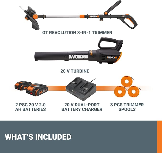 Worx 20V GT Revolution 12" Cordless String Trimmer & Turbine Leaf Blower Power Share Combo Kit - WG930.2 (Batteries & Charger Included)