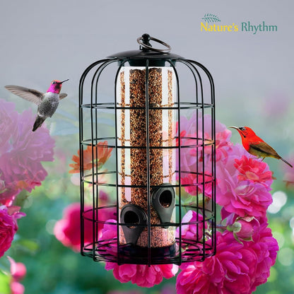 Nature's Rhythm Outdoor Hanging Bird Feeder Cage PC Tube Squirrel Proof Wild Bird Feeder with Large Metal Seed Guard Deterrent