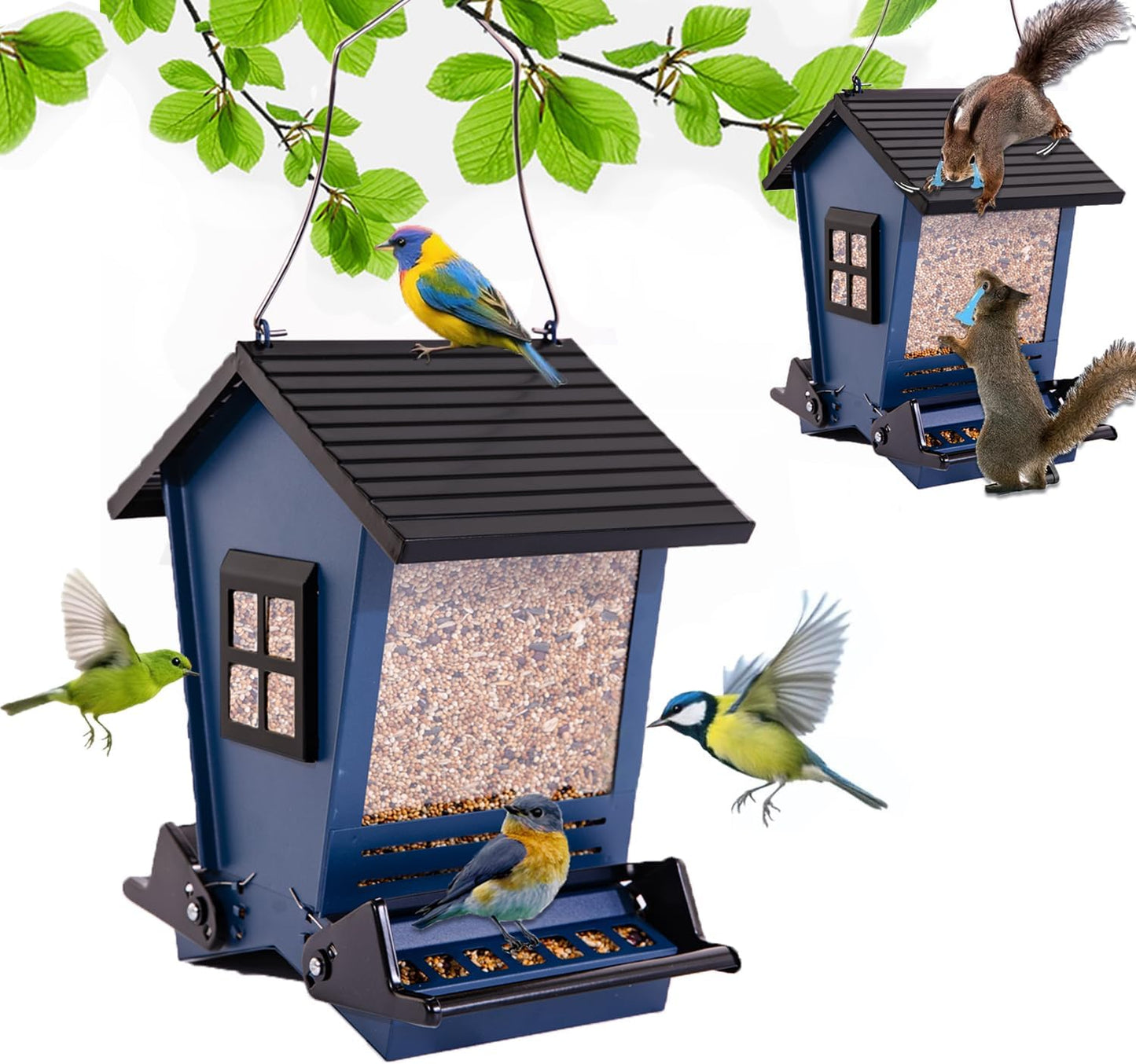 LSCQYYCC-Bird Feeder Squirrel Proof Metal Hanging for Outdoor Wild Bird Seed, with Bilateral Weight-Activated Perches, Large Feeder That Attracts Cardinals, Chickadees, and More Birds-One in Blue