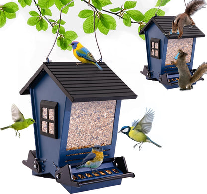 LSCQYYCC-Bird Feeder Squirrel Proof Metal Hanging for Outdoor Wild Bird Seed, with Bilateral Weight-Activated Perches, Large Feeder That Attracts Cardinals, Chickadees, and More Birds-One in Blue