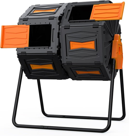 Compost Bin, 45 Gallon Dual Chamber Composter Tumbler, 360 Rotating Compost Bin Outdoor BPA-Free Fast-Working Tumbling Compost Barrel, Large Composting Bin Kitchen Garden Compost Tumbler