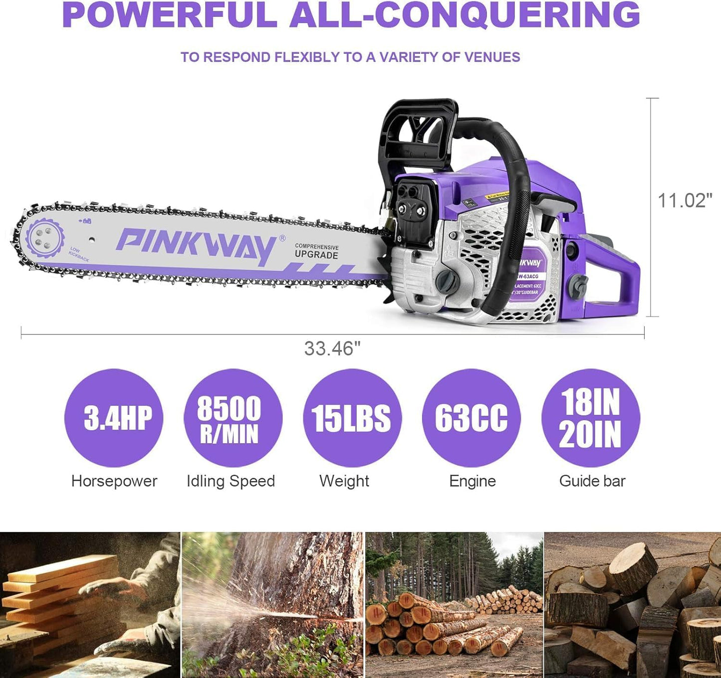 2-cycle 63CC Chainsaw Saw Gas Powered 20" Chain Saws Cordless Petrol Saw Handheld Chainsaw with 2 Chains& Bars for Cutting Wood Trees Branches，63CC-G