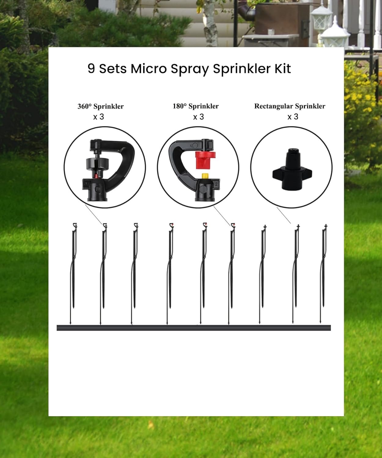 Drip Irrigation Micro Spray Emiters: 180° 360° and Rectangular Sprinkler Nozzles 3 pcs Each, with 1/4-Inch Tubing and Barbed Inlet on 20-Inch High Stake 9 pcs