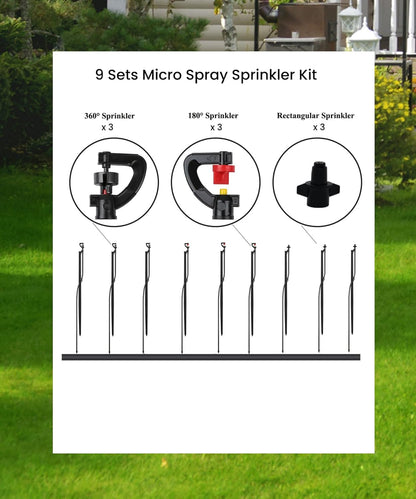 Drip Irrigation Micro Spray Emiters: 180° 360° and Rectangular Sprinkler Nozzles 3 pcs Each, with 1/4-Inch Tubing and Barbed Inlet on 20-Inch High Stake 9 pcs