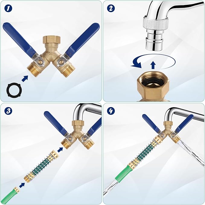 Dalmbox Garden Hose Splitter 2 Way With Long Handle, Garden Hose Adapter with 2 Pcs Garden Hose Coiled Spring Protectors and 6 Rubber Washers