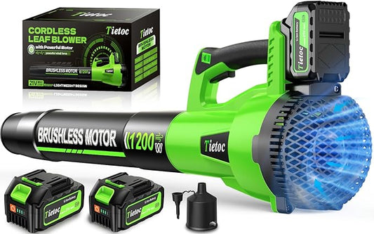 Tietoc Leaf Blower Cordless, 1200W Brushless Electric Leaf Blower with 2 X 5.0Ah Battery, 6 Speed Powerful Leaf Blowers for Garden, Patio, Lawn Care, Gift for Men Dad Husband Fathers Gardener 2025
