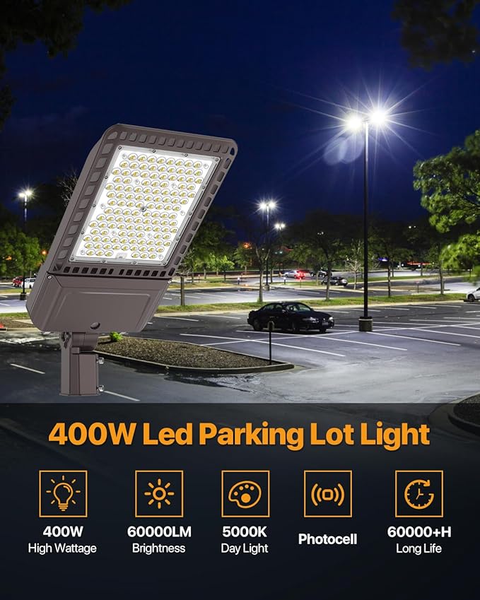 Led Parking Lot Lights Outdoor 400W 60,000LM Slip Fitter Street Pole Light with Dusk-to-Dawn Photocell 100-277V IP65 Waterproof 5000K Commercial Area Lighting for Parking Lot, Roadways 2Pack