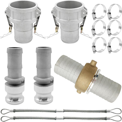 SAFBY 2PCS 2 inch Type C and Type E, Pin Lug, Aluminum Cam Lock Fittings Cam Groove Camlock, Male and Female Adapter with Hose Fitting 2PCS Whip Stop Hose Restraint 6PCS Hose Clamps