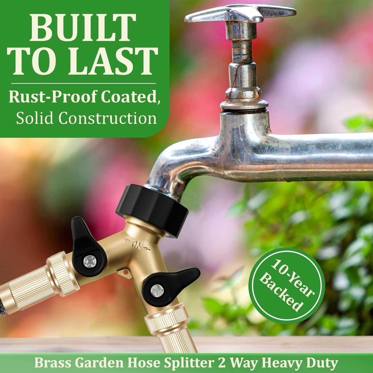 Heavy Duty 2 Way Hose Splitter (Premium Brass for Superior Durability), Wye Garden Hoses Connector for Water Spigot Faucet Bib Tap, Double Shut Off Valve, Y Adapter, Rust-Resistant Finish, Zero Leaks