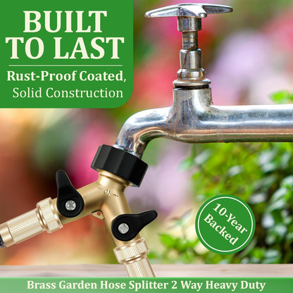 Heavy Duty 2 Way Hose Splitter (Premium Brass for Superior Durability), Wye Garden Hoses Connector for Water Spigot Faucet Bib Tap, Double Shut Off Valve, Y Adapter, Rust-Resistant Finish, Zero Leaks