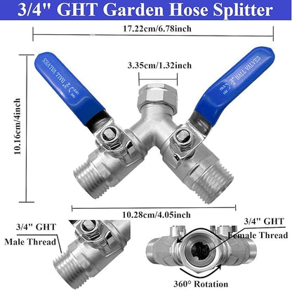YSIL Garden Hose Splitter 3/4" GHT Thread 2 Way Heavy Duty Y Valve Water Hose Splitter 304 Stainless Steel Water Garden Hose Adapter With Long Handle