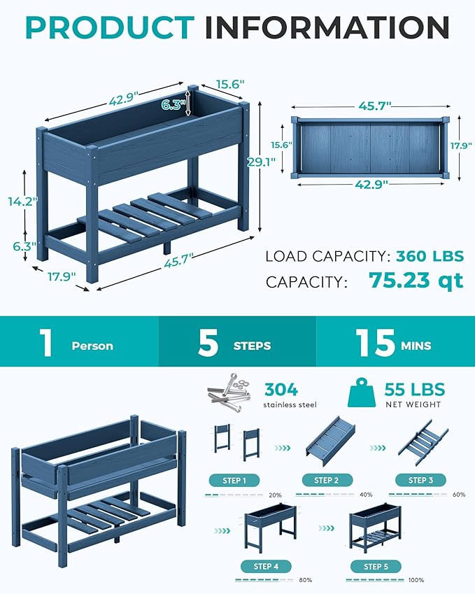 SERWALL Raised Garden Bed Set of 2, HDPE Raised Bed for Gardening All Weather Use- Blue
