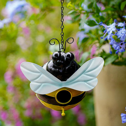 Honeybee Theme Bird House - Decorative Outdoor Metal Birdhouse for Garden, Yard, or Patio - Rust-Resistant & Weatherproof Bee Design with Hanging Chain - Attracts Finches, Sparrows 7.67”x5.11”x2.55”