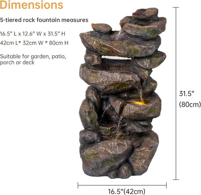Ferrisland 31.5"H Outdoor Floor Waterfall Fountain, 5 Tier Rustic Rock Freestanding Water Fall Feature with Cascading Streams & LED Lights, Home Décor for Garden, Patio, Yard, Deck & Porch, Gift Ideas