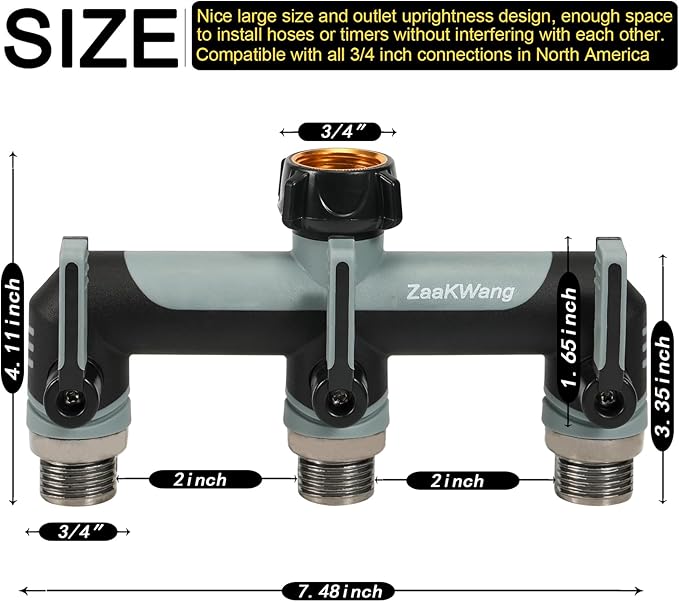 Full Flow Heavy Duty 3 Way Hose Splitter, Rugged Garden Faucet Adapter, Spout Diverter T - Way Adapter with Extended Handle, 3/4” GHT Thread, Grey