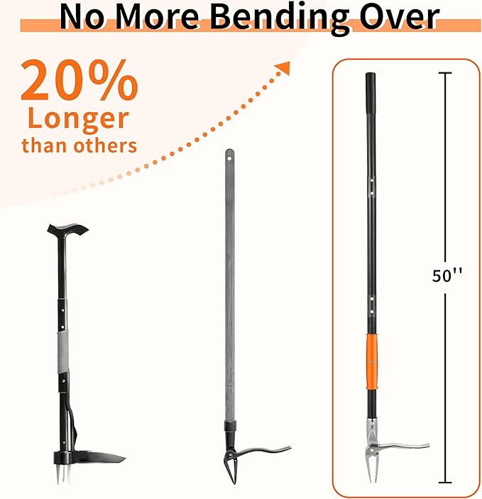 50” Weed Puller Tool, Heavy-Duty Weeder Tool with Long Handle, 4-Claw Metal Stand up Weeding Tool with Easy-Eject Mechanism for Crabgrass, Dandelion, Garden Tools for Seniors