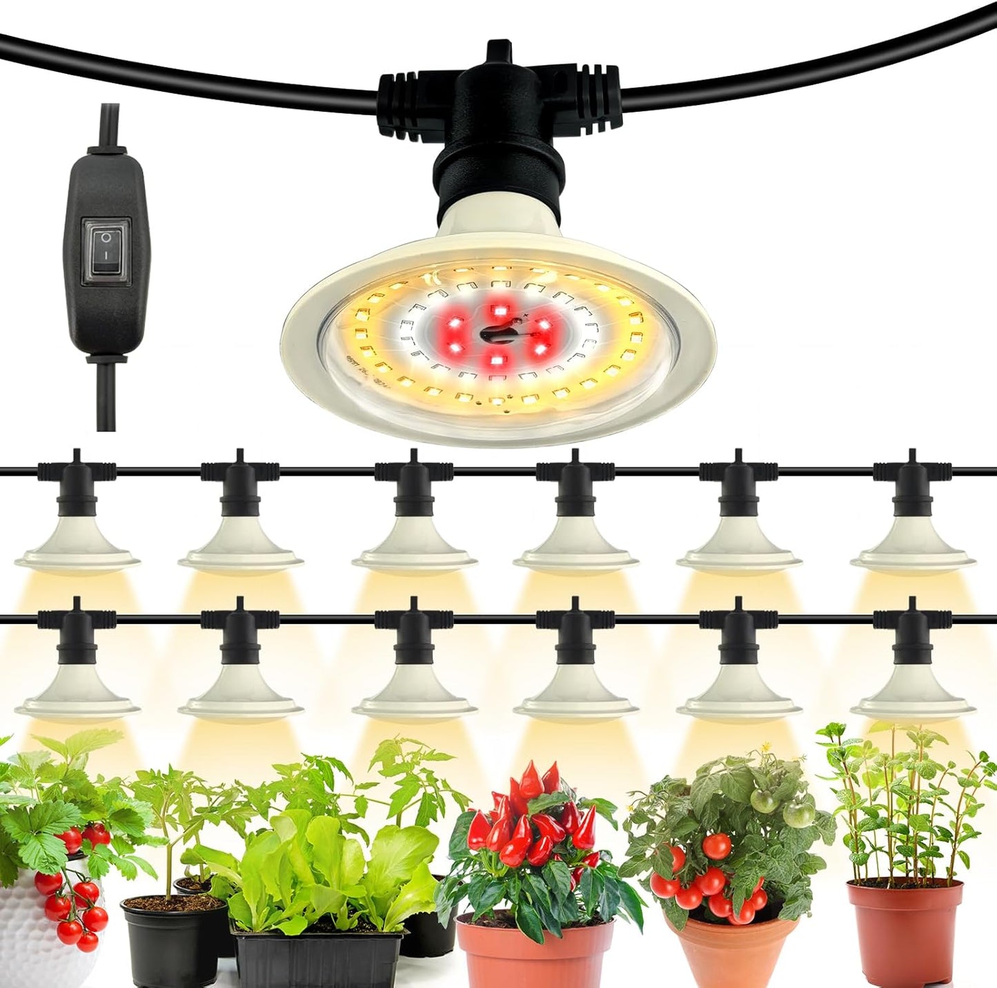 Outdoor LED Grow Lights, Waterproof String Grow Light, Full Spectrum Plant Growing Lights Greenhouse 44Ft Adjustable Cord 12 Lights