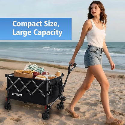 Collapsible Heavy-Duty Wagon Cart with PVC Wheels, Portable Folding Outdoor Utility Wagon for Sports, Garden, Grocery Shopping,Camping, Transportation,Hauling (130L)
