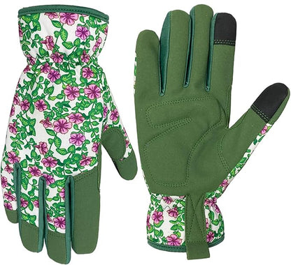 Gardening Gloves for Women, Garden Gloves with Touch Screen, Thorn Proof Puncture Resistant Working Gloves, Gardening Gifts for Women (Green with purple flowers, Medium)