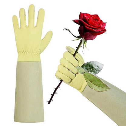 HLDD HANDLANDY Long Gardening Gloves for Women Thorn Proof, Rose Pruning Cowhide Leather Garden Gloves for Yard, Light Yellow, M