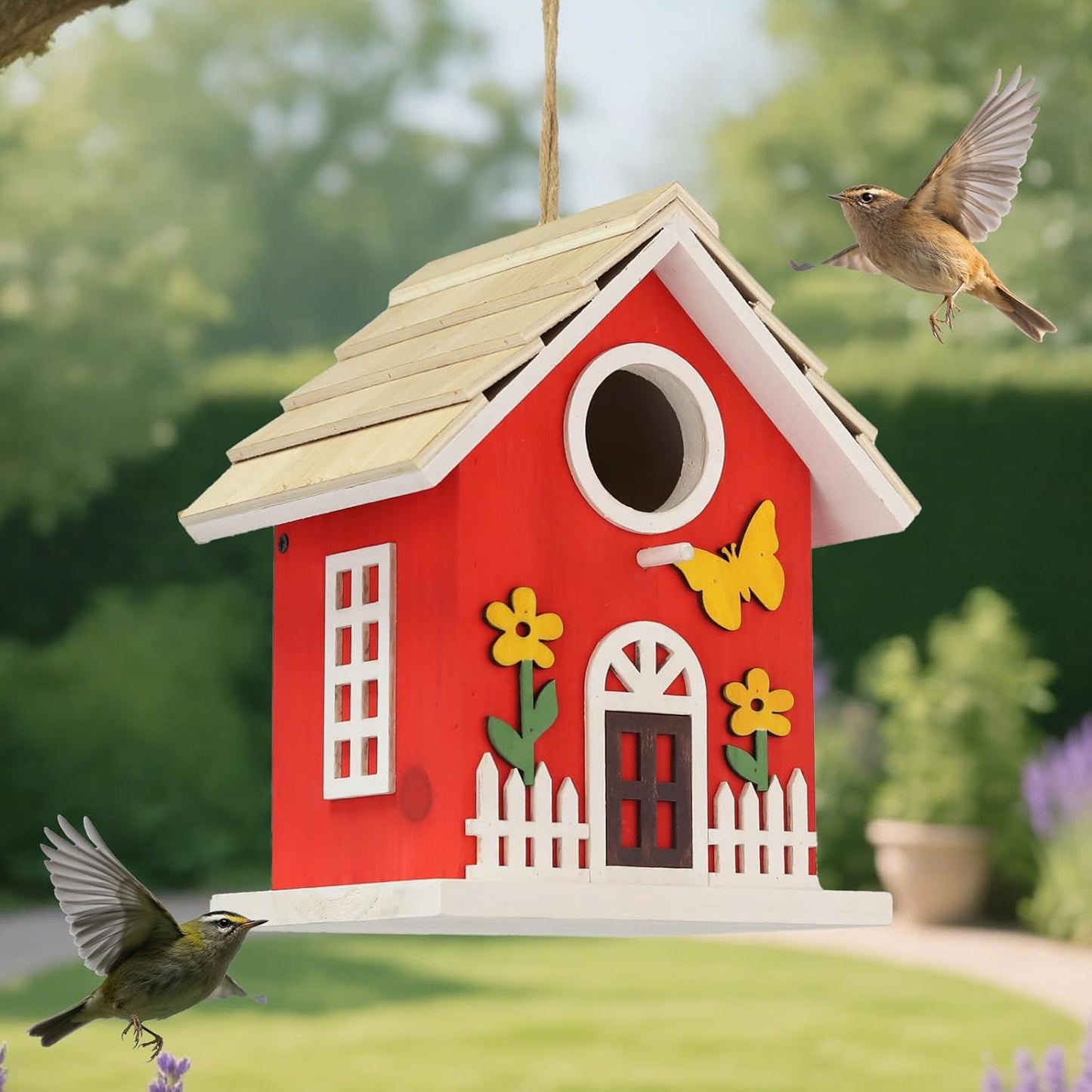 Red Wooden Bird House for Outside, Nesting Box with Sturdy Rope, Haing Bird Houses for Wren, Cardinal, Swallow, Sparrow, Finch