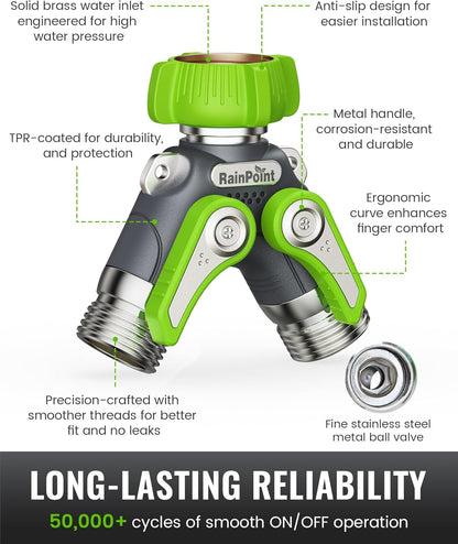 RAINPOINT Garden Hose Splitter, 2 Way Heavy Duty Water Hose Y Spigot Splitter with Shutoff Valves, 100% Metal Body Outdoor Faucet Splitter, 1.9" Extra Long Metal Handle, 3/4" GHT Thread (1, Green)