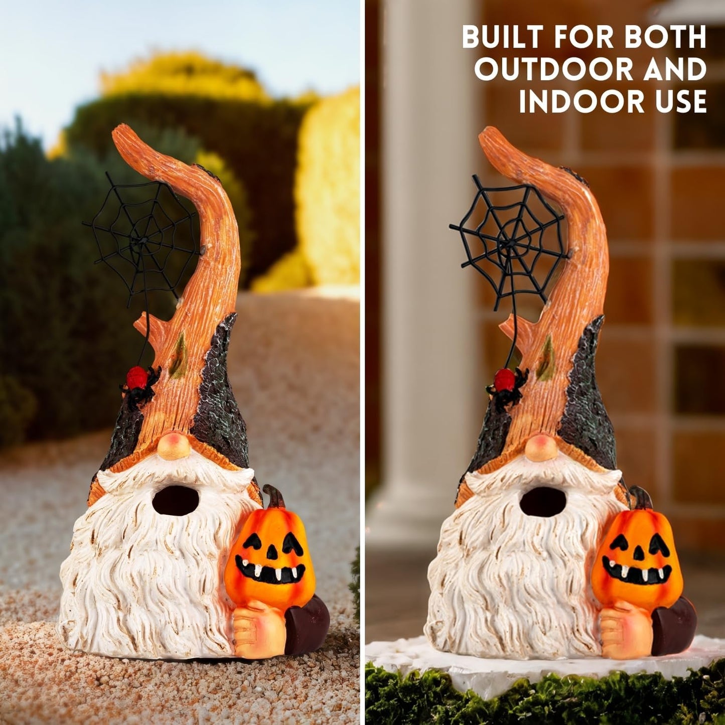 Halloween Gnomes Statue with Pumpkin and Spider Web, Resin Figurine for Yard, Porch, Lawn, Indoor – Fun Spooky Gift for Mom, Friends, Halloween Decor (No Light)