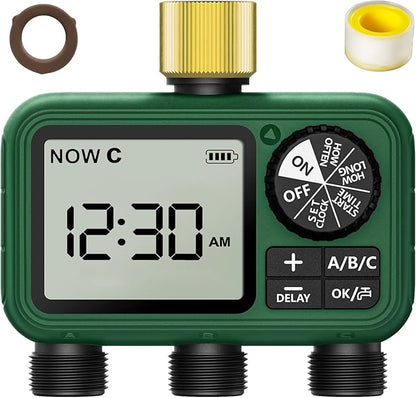 3 Outlet Sprinkler Timer Brass, Programmable Garden Hose Timer with Rain Delay, Manual& Automatic Watering System, Waterproof Gardening Supplies Irrigation Controller for 3 Separate Water Zones