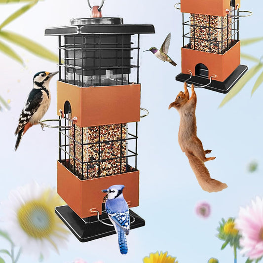 Squirrel Proof Bird Feeder,3Lbs Metal Birdfeeders Squirrel Proof with 4 Feeding Ports for Outside, Birds Seed Feeder for Outdoors, Cardinal, Finch, Sparrow (Brown)