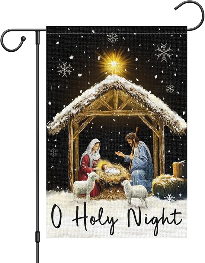 Louise Maelys Christmas O Holy Night Nativity Garden Flag 12x18 Inch Double Sided Xmas Small Burlap Welcome Winter Holiday Christian Yard Outdoor Outside House Decoration
