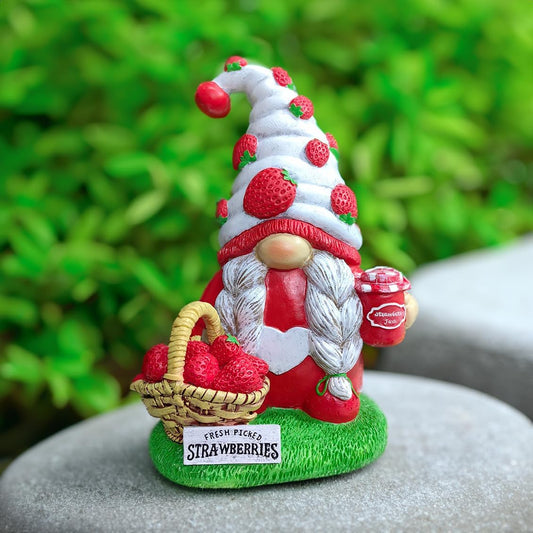 Spring & Summer-Themed Garden Statues – Adorable Outdoor Decor for Lawn, Patio & Porch (Charming Homestead Strawberry Gnome Garden Statue, 9.5" Farmhouse Style Unique Fruit Home Decor)