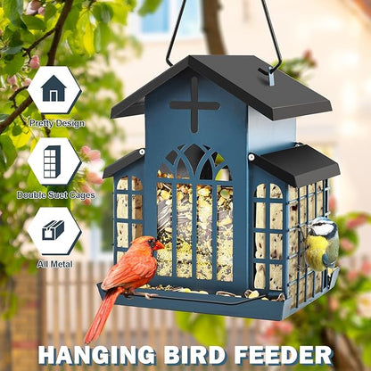 5LB Church Metal Hanging Bird Feeder for Outdoors, Weatherproof Suet Feeders for Outside Hanging, Large Bird Feeders Great for Attracting Finch, Woodpecker and More Wild Birds-White