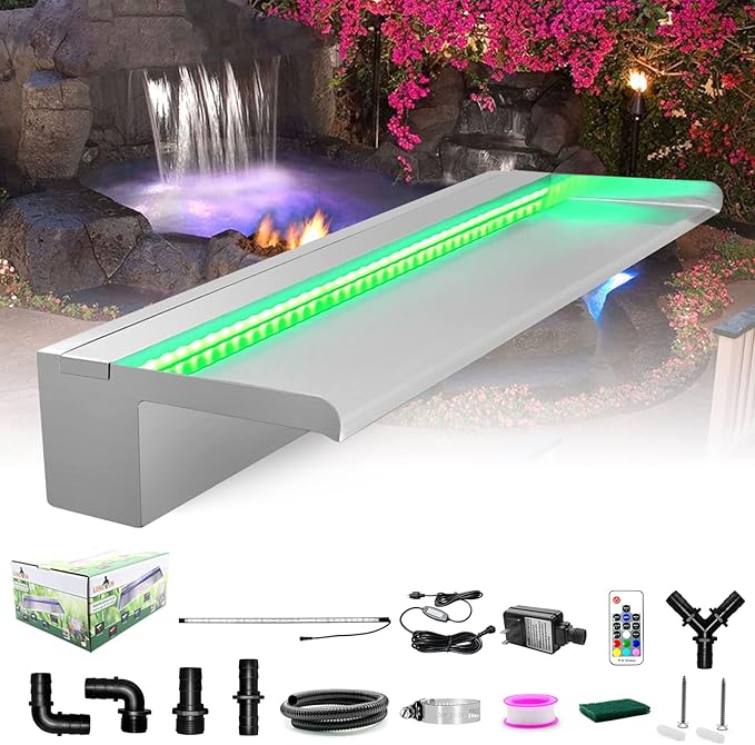 LONGRUN Pool Fountain Stainless Steel Outdoor Pond Spillway Waterfall with Wider Water Flow Platform Multi-Color LED Light Spray Indoor Waterfall Fountains for Garden-35.4" x 8" x 3.94"(W x D x H)