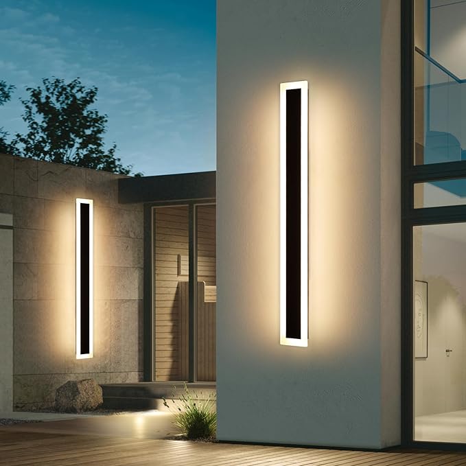 Upgrade Widened 2 Pack 47.2inch Modern Outdoor Wall Sconce, Black Long LED Wall Light, 3000K Warm White, IP65 Waterproof, White Acrylic, 41W, Exterior Lighting Fixture for Balcony, Yard, Garage