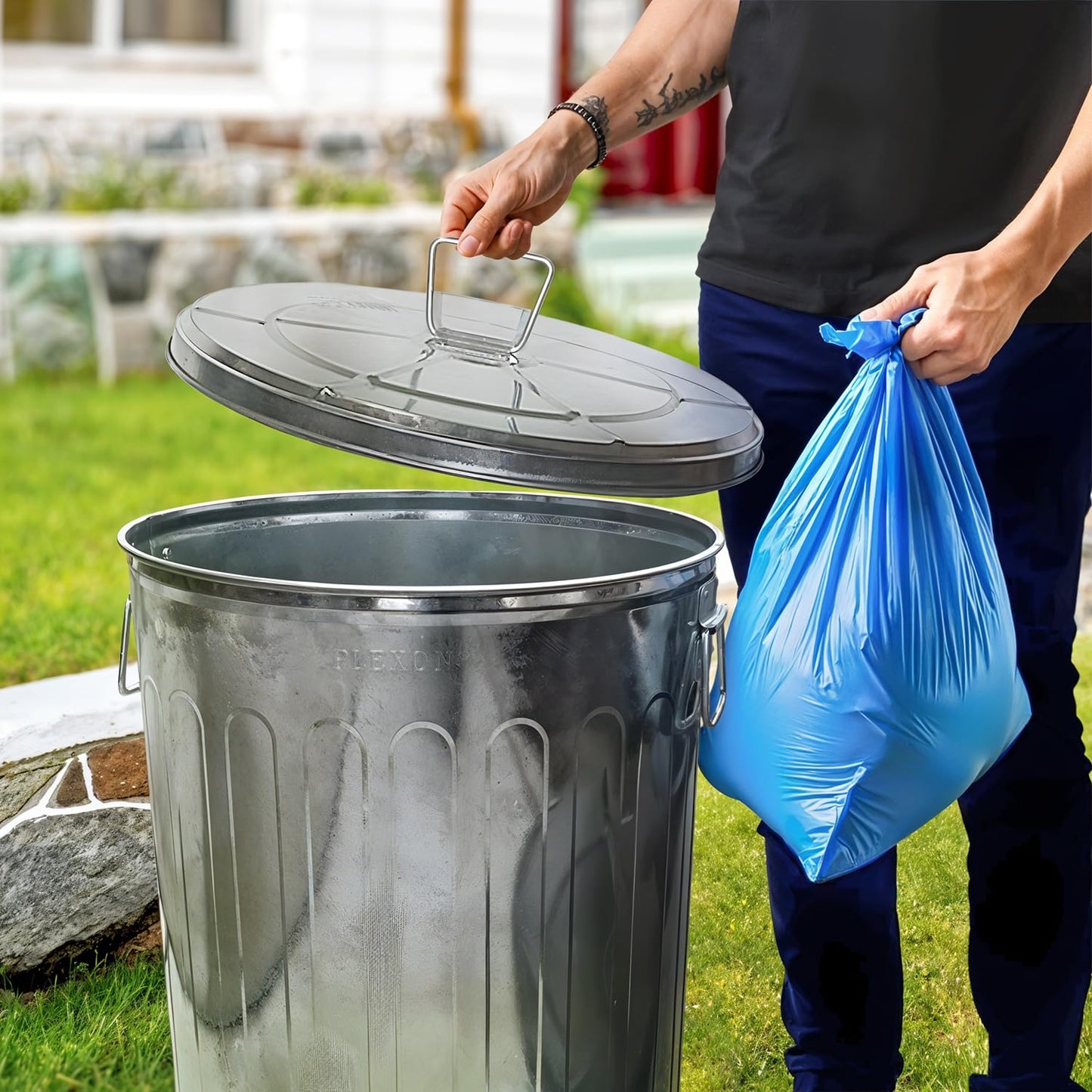 Plexon 20 Gallon Metal Trash Can with Lid Outdoor Galvanized Steel Large Garbage Can, 6 Pack