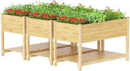 Kullavik 3 pcs Raised Garden Bed with Legs,Outdoor Elevated Cedar Wood Planter Box with Storage Shelf for Vegetables/Flowers/Herbs in Balcony/Backyard/Patio,220lb Capacity-Natural