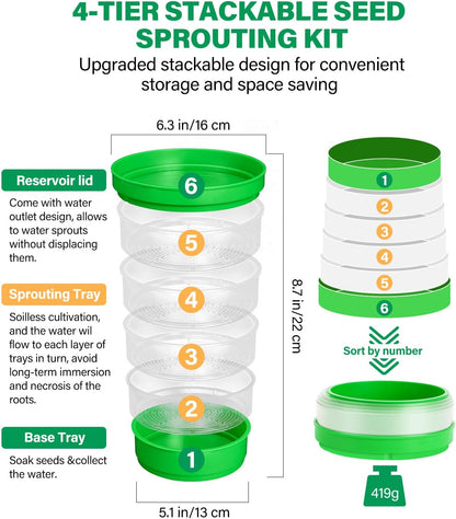 HK Stackable Seed Sprouting Kit, 4-Tier Microgreens Growing Kit with Drain Holes and Drain Tray, Fresh Organic Bean Seed Sprouter Tray, Soil-Free Sprouter Tray for Beans Alfalfa Seeds