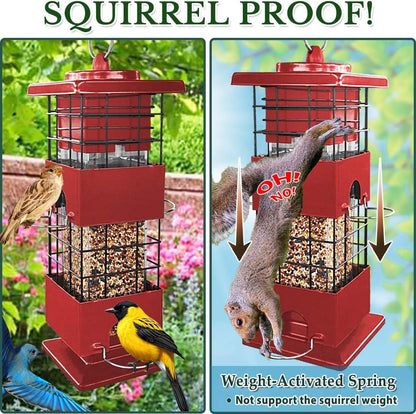 Squirrel Proof Bird Feeder, Metal Bird Feeders for Outdoors, 3 Lbs Birdfeeder Outside Hanging, Weight Activated Spring, 4 Feeding Ports, Cardinals, Finches and Sparrows, Wild Birds (Red)