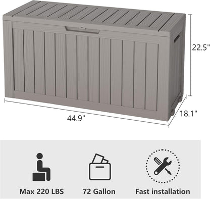 Outdoor Storage Box, Resin Deck Boxes Indoor and outdoor, Waterproof Storage Box Lockable Lid (Grey, 73 Gallon)
