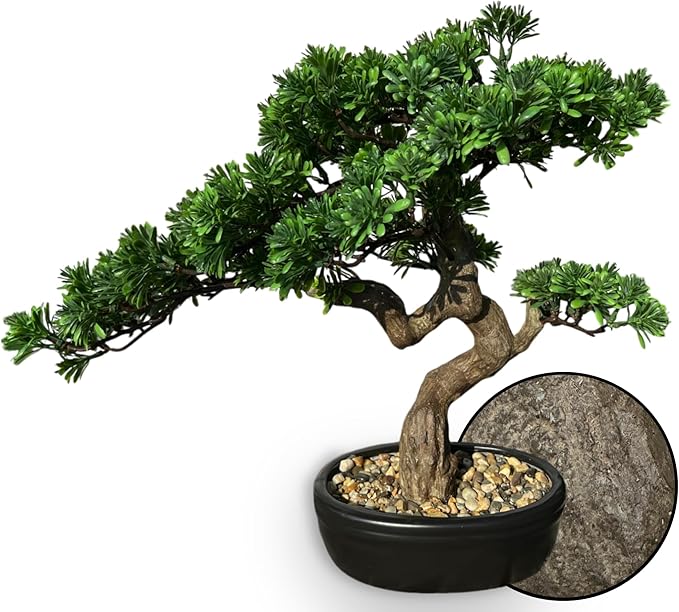 Artificial Bonsai Tree 16" Tall with Realistic Wood and Ceramic Pot Fake Plants Juniper Pine Zen Faux Plants for Home Bedroom Office Bathroom Japanese Decor