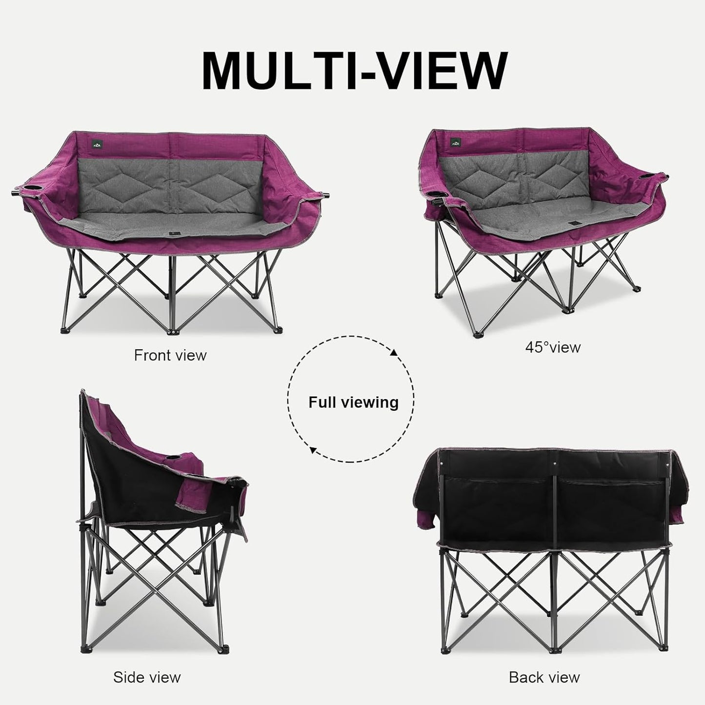 Northroad Folding Loveseat Camping Chair Portable Double Duo Full Padded Garden Sofa Chair for 2 Person w/ 2 Cup Holder,Wine Glass Holder,Support 600lbs for Outdoor Travel (Purple)