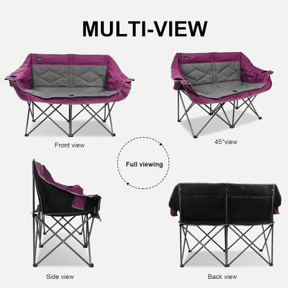 Northroad Folding Loveseat Camping Chair Portable Double Duo Full Padded Garden Sofa Chair for 2 Person w/ 2 Cup Holder,Wine Glass Holder,Support 600lbs for Outdoor Travel (Purple)