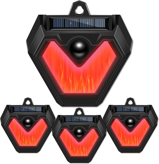 Qualirey 4 Pcs Upgraded Solar Nocturnal Animal Repeller Flickering Flame Outdoor Animal Repellent Motion Activated Coyote Deterrent Light for Skunk Deer Chicken Coop Farm Garden Yard(Red Light)