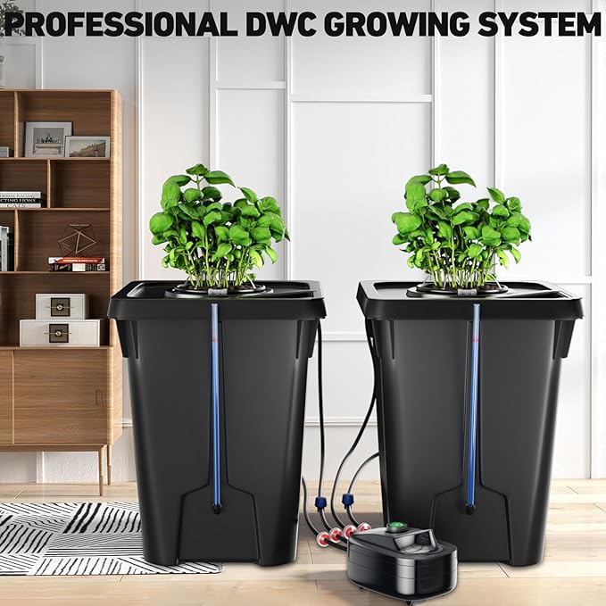 2 Buckets DWC Hydroponics Grow System with Top Drip Kit, 7 Gallon Deep Water Culture with Air Pump, Air Stone, Air Hose, Recirculating Drip Garden System