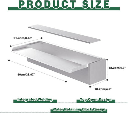 Waterfall Pool Fountain LONGRUNNEW 304 Stainless Steel 23.6" Rectangular Waterfall Spillway, Water Fall Fountain with Pipe Connector for Garden Outdoor, Swimming Pools, Fountains, Pond and Spa