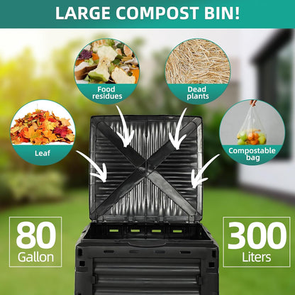 Compost Bin Outdoor 80 Gallon (300L) Large Compost Bin Composter with w/Top Flip Latch-on Lid BPA-Free Composter Barrel for Garden, Kitchen, and Yard Waste, Black, Easy Assembly