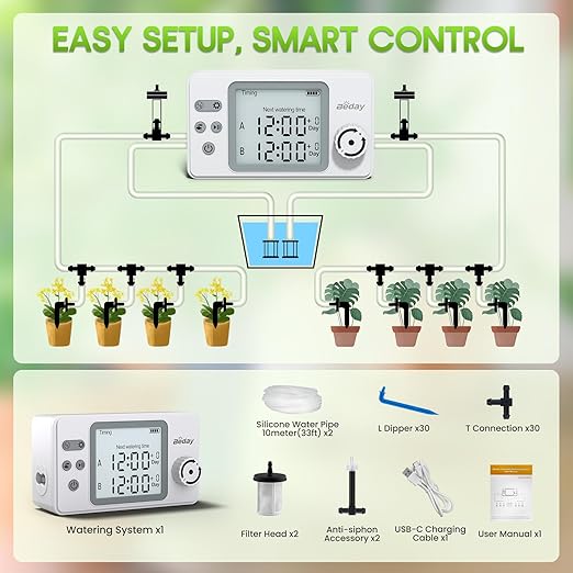 Automatic Watering System Dual Pump for Indoor Plants, Built-in Rechargeable Battery, Two Independent Water Zones, Worry-Free Vacation Drip Irrigation Kit, Water-Saving Smart Plant Waterer, White